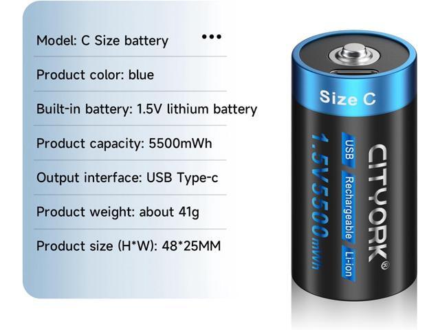 CITYORK 4 Pack 1.5V 5500mWh USB Rechargeable C Lithium Batteries, Constant Output C Cell Li-ion Batteries, Fast Charging