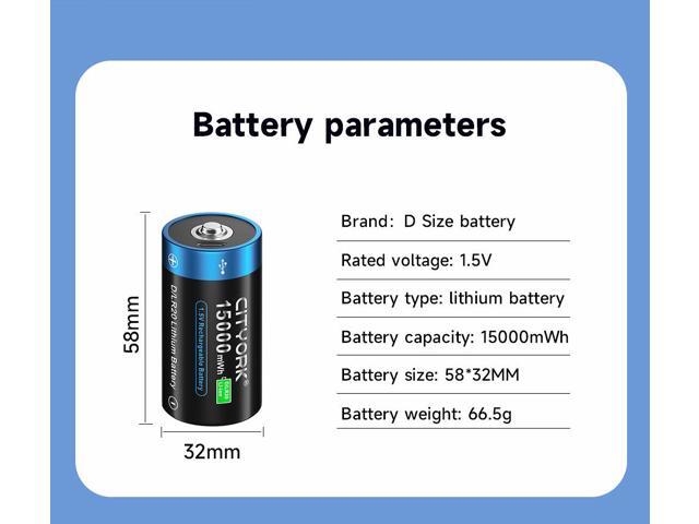 CITYORK 4 Pack Constant 1.5V Rechargeable D Batteries USB 15000 mWh D Cell Li-ion Batteries