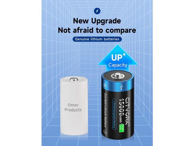 CITYORK 4 Pack Constant 1.5V Rechargeable D Batteries USB 15000 mWh D Cell Li-ion Batteries