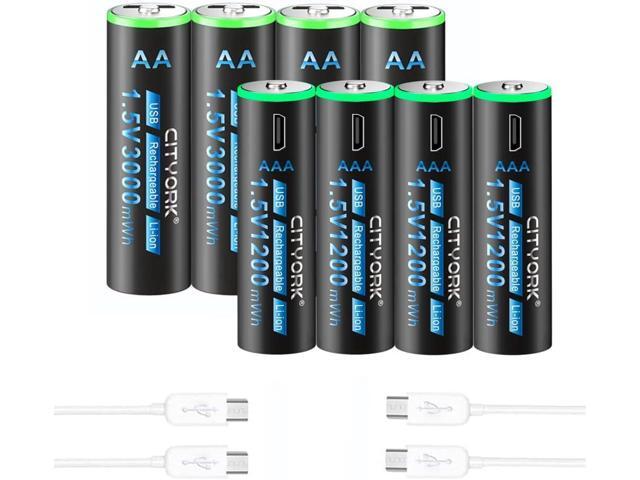 CITYORK USB 4 Pack 1.5V AA 3000mWh and 4 Pack 1.5V AAA 1200mWh Lion Rechargeable Battery, Constant Output and Fast Charging