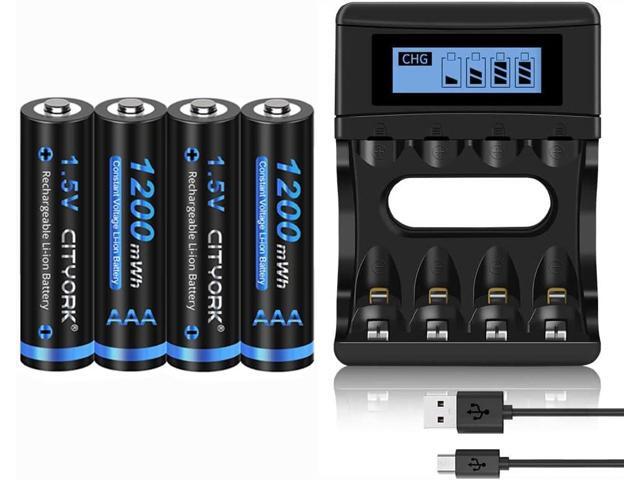 CITYORK 4 Pack 1.5v AAA 1200mWh Lithium Rechargeable Batteries with Fast Battery Charger