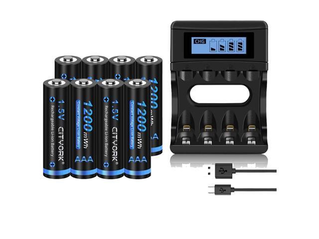 CITYORK 8 Pack 1.5V AAA 1200mWh Lithium Rechargeable Batteries with 4 Bay Battery Charger