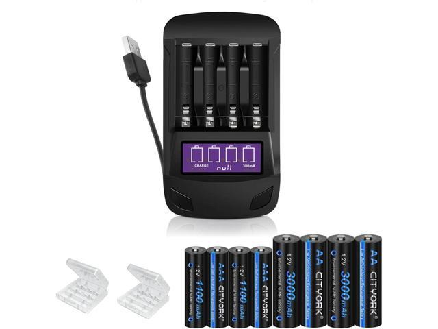 CITYORK 4 Bay LCD Universal Battery Charger for Rechargeable 1.2V AA AAA NIMH Batteries with 4 Pack 1.2V AA 3000mAh and 4 Pack AAA 1100mAh Ni-MH...