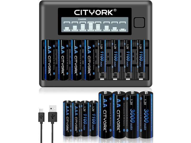 CITYORK 8 Pack AA 3000mAh with 8 Pack AAA1100mAh 1.2V Ni-MH Rechargeable Batteries with Battery Case with 8 Bay AA AAA LCD Smart 1.2v NiMH/NiCd...