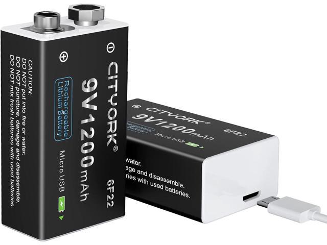 CITYORK 9V Battery 1200mAh PP3/MN1604/6F22/6LR61 USB Lithium Battery, with Micro USB Charging Port, Suitable for Smoke Alarms, Gas Stove, Guitar,...