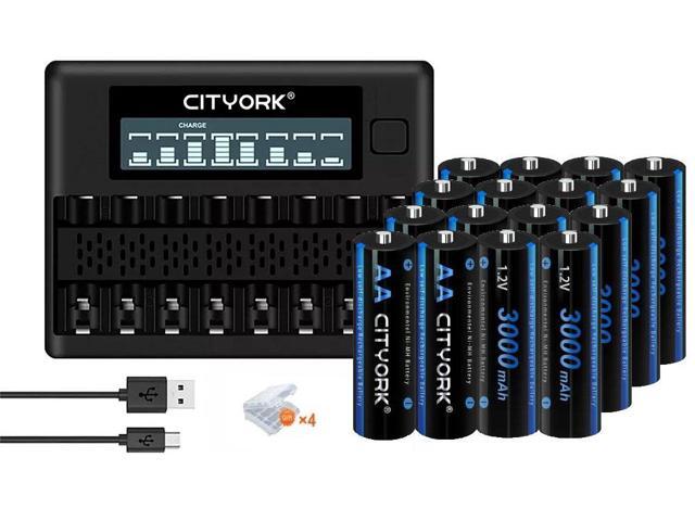 CITYORK 16 Pack AA 3000mAh Ni-MH Rechargeable Batteries with 8 Slot Battery Charger