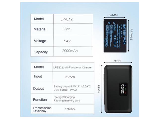 CITYORK LP-E12 Card Reading Multifunction Battery Charger Case with 2-Pack LP-E12 7.4v 2000mAh Batteries for Canon EOS-M, EOS M2, EOS M10, EOS M50,...