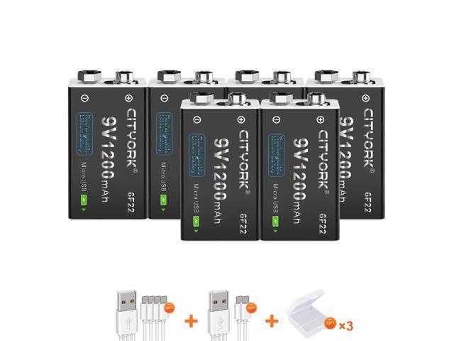 CITYORK 9V Battery 1200mAh PP3/MN1604/6F22/6LR61 USB Lithium Battery, with Micro USB Charging Port, Suitable for Smoke Alarms, Gas Stove, Guitar,...