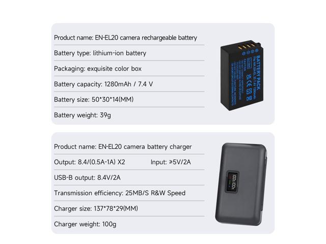 CITYORK EN-EL20, EN-EL20a Battery 2 Pack 7.4V 1280mAh with LCD Dual Charger for Nikon Coolpix P950, P1000, DL24-500, Coolpix A, 1 AW1, 1 J1, 1 J2,...