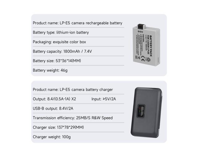 CITYORK LP-E5 LPE5 Battery 2 Pack 7.4V 1800mAh with LCD Dual Charger for Canon EOS Rebel XS, Rebel T1i, Rebel XSi, 1000D, 500D, 450D, Kiss X3,...