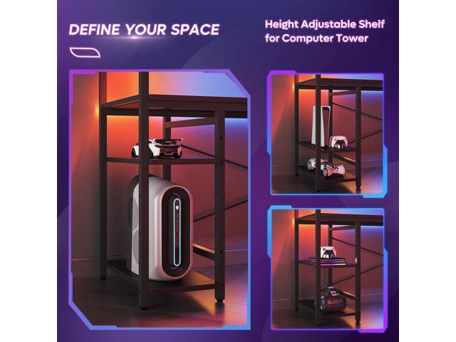Bestier 61.3 Gaming Desk with LED Lights, 4-Tier Shelf Computer Desk with Side Storage Bag & Headphone Hook, Black Home Office Workstation