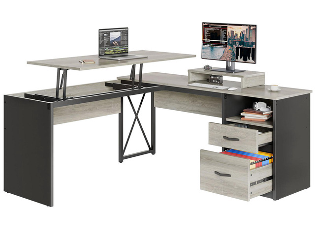 Bestier 95.2' Lift Top L-Shaped Desk with Storage Drawers, 9 Inch Lift Standing Office Desk with Movable Computer Monitor Stand, Wash Gray