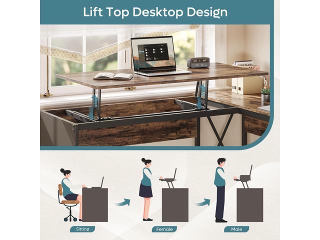Bestier 95.2' Lift Top L-Shaped Desk with Storage Drawers, 9 Inch Lift Standing Office Desk with Movable Computer Monitor Stand, Rustic Brown