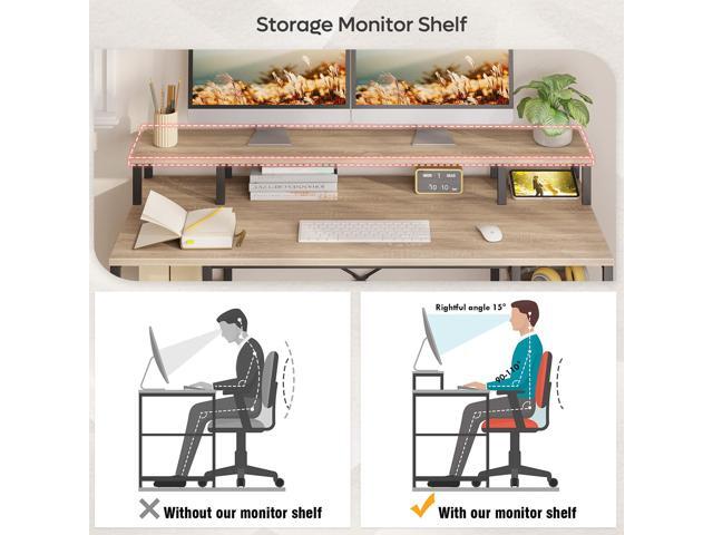 Bestier Gaming Desk with Monitor Shelf, 55 inches Home Office Desk with Open Storage Shelves, Writing Study Table Workstation for Small Space, Oak