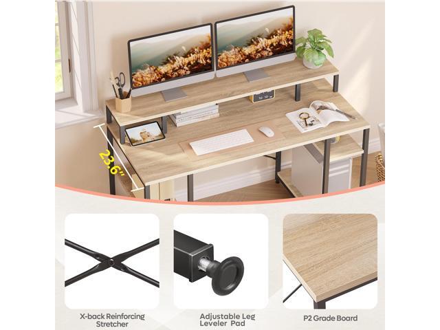 Bestier Gaming Desk with Monitor Shelf, 55 inches Home Office Desk with Open Storage Shelves, Writing Study Table Workstation for Small Space, Oak