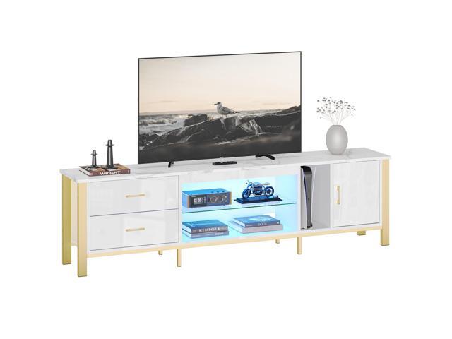Bestier Modern TV Stand Entertainment Center for TVs up to 85' with LED Lights & 3 Drawers, White