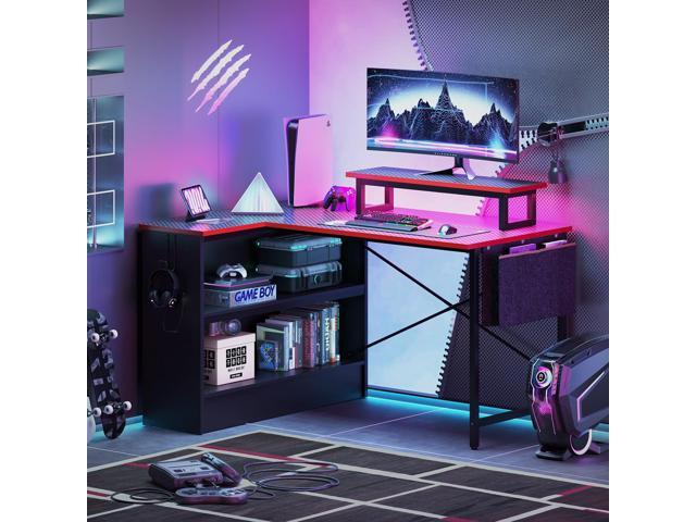 Bestier 42' Open Cabinet Gaming Desk, L-Shaped Reversible Desk with Monitor Stand, RGB Light Strip, Side Pocket, and Headset Hook for Gaming and...