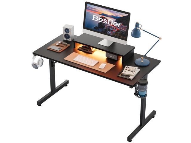 Bestier Small Gaming Desk with Monitor Stand, 42 inch LED Computer Desk, Gamer Workstation with Cup Holder & Headset Hooks for Home Office, Black