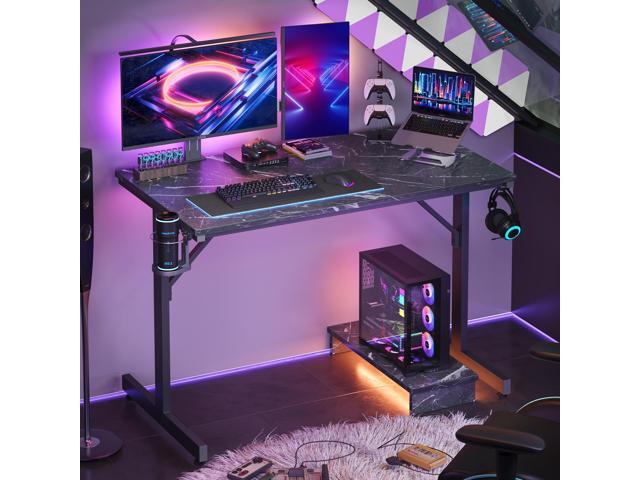Bestier Small Gaming Desk with Monitor Stand, 42 inch LED Computer Desk, Gamer Workstation with Cup Holder & Headset Hooks for Home Office, Black...