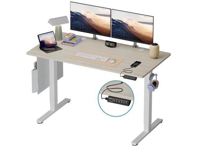 Bestier 55 Inch Electric Standing Desk, Adjustable Height Computer Desk with Side Storage Bag and Headphone Hook for Home Office, Oak & White