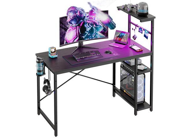 Bestier 44' RGB LED Gaming Desk with Adjustable Storage Shelves, Foldable Cup Holder & Headphone Hook for Gaming Room/Office, Black