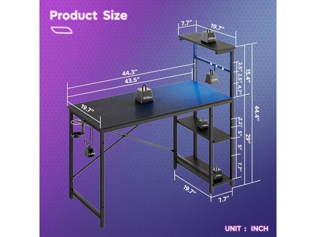 Bestier 44' RGB LED Gaming Desk with Adjustable Storage Shelves, Foldable Cup Holder & Headphone Hook for Gaming Room/Office, Black