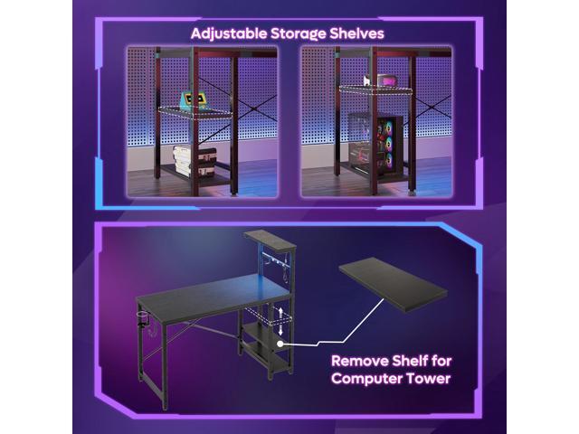 Bestier 44' RGB LED Gaming Desk with Adjustable Storage Shelves, Foldable Cup Holder & Headphone Hook for Gaming Room/Office, Black