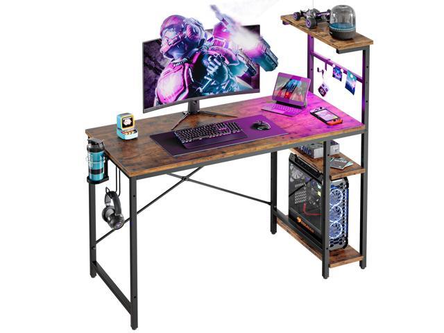 Bestier 44 in Rectangular Gaming Desk with RGB LED Lights Computer Desk with 4 Tier Storage Shelves and Hooks Rustic Brown