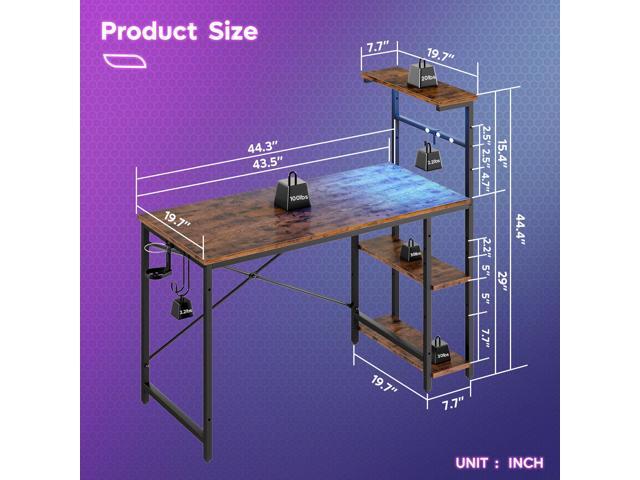 Bestier 44 in Rectangular Gaming Desk with RGB LED Lights Computer Desk with 4 Tier Storage Shelves and Hooks Rustic Brown