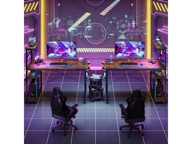 Bestier 44 in Rectangular Gaming Desk with RGB LED Lights Computer Desk with 4 Tier Storage Shelves and Hooks Rustic Brown