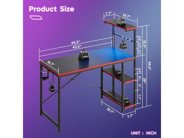 Bestier 44' Rectangular Gaming Desk with RGB LED Lights and Adjustable Storage Shelves, Carbon Fiber Black Finish, with Foldable Cup Holder and...
