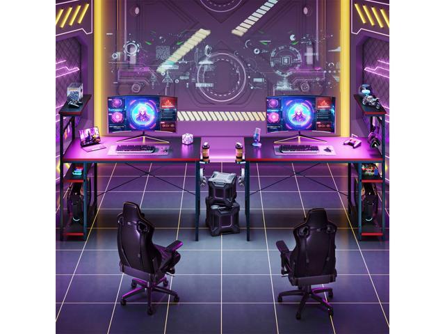 Bestier 44' Rectangular Gaming Desk with RGB LED Lights and Adjustable Storage Shelves, Carbon Fiber Black Finish, with Foldable Cup Holder and...