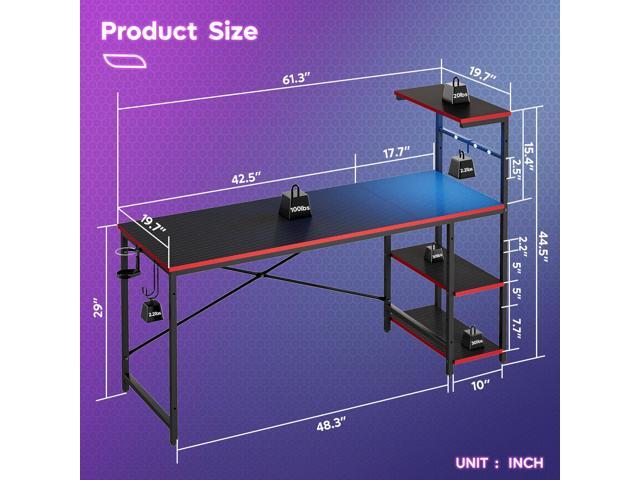 Bestier 61 RGB Gaming Desk for Dual Monitors, Computer Workstation with 4 Storage Shelves, Hooks, Cup Holder & Magnet Board, Black