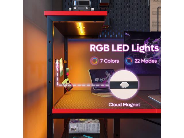 Bestier 61 RGB Gaming Desk for Dual Monitors, Computer Workstation with 4 Storage Shelves, Hooks, Cup Holder & Magnet Board, Black