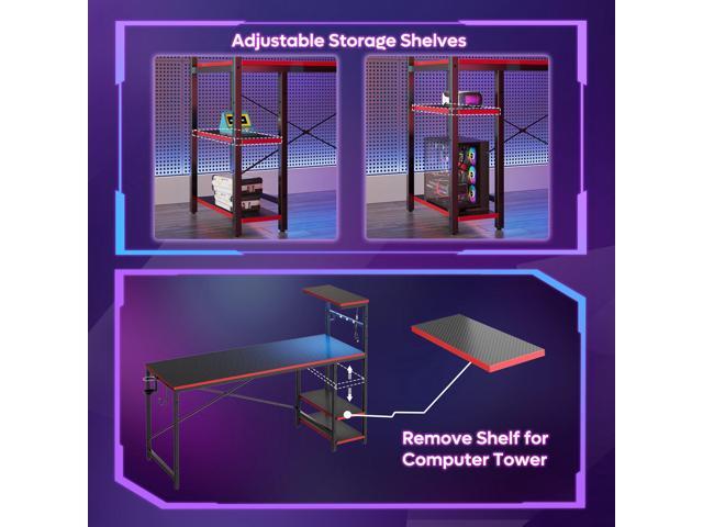 Bestier 61 RGB Gaming Desk for Dual Monitors, Computer Workstation with 4 Storage Shelves, Hooks, Cup Holder & Magnet Board, Black
