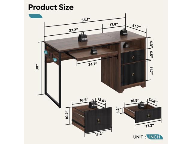 Bestier 55 Inch Computer Desk with Keyboard Tray, Modern Office Desk with Storage, Wood Writing Desk with File Drawer, Fluted Panel & 2 Hooks for...