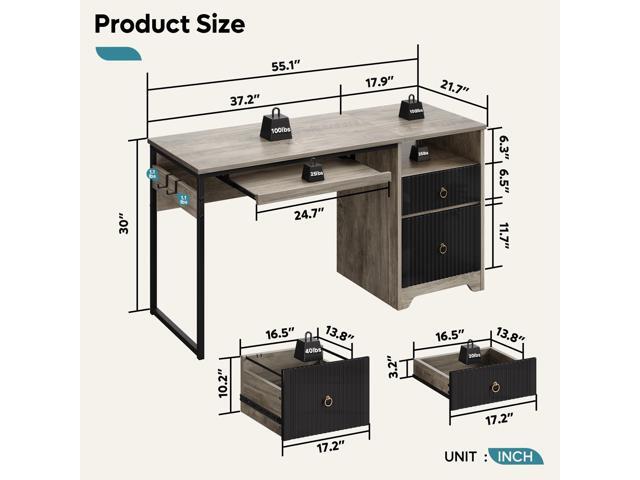 Bestier 55 Inch Computer Desk with Keyboard Tray, Modern Office Desk with Storage, Wood Writing Desk with File Drawer, Fluted Panel & 2 Hooks for...