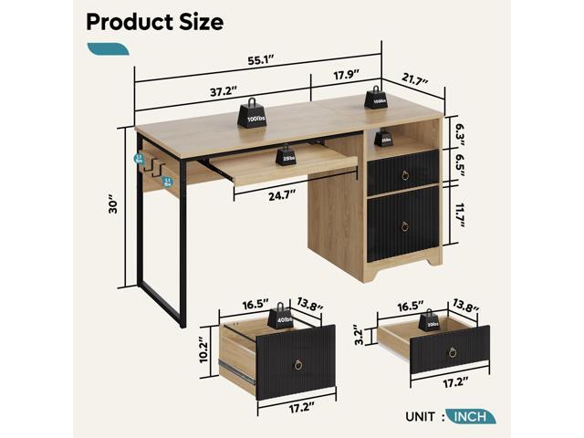 Bestier 55 Inch Computer Desk with Keyboard Tray, Modern Office Desk with Storage, Wood Writing Desk with File Drawer, Fluted Panel & 2 Hooks for...