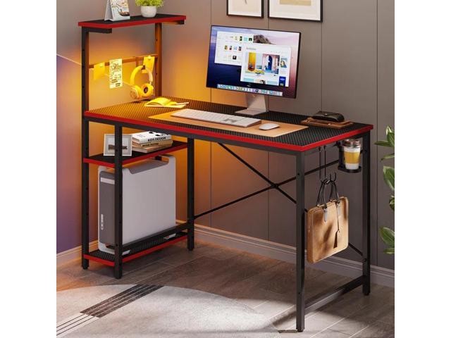 Bestier 44' Rectangular Gaming Desk with RGB LED Lights and Adjustable Storage Shelves, Carbon Fiber Black Finish, with Foldable Cup Holder and...