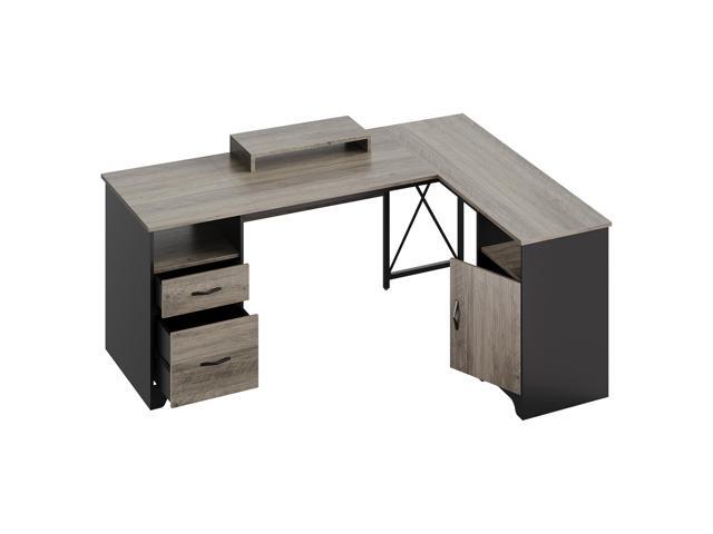 Bestier 63'' L Shaped Home Office Desk with File & Storage Drawers and Cabinet,Corner Computer Desk with Monitor Stand and Open Compartments,Gray