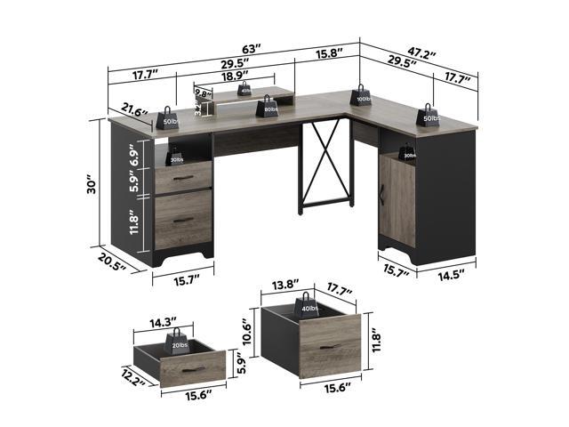 Bestier 63'' L Shaped Home Office Desk with File & Storage Drawers and Cabinet,Corner Computer Desk with Monitor Stand and Open Compartments,Gray