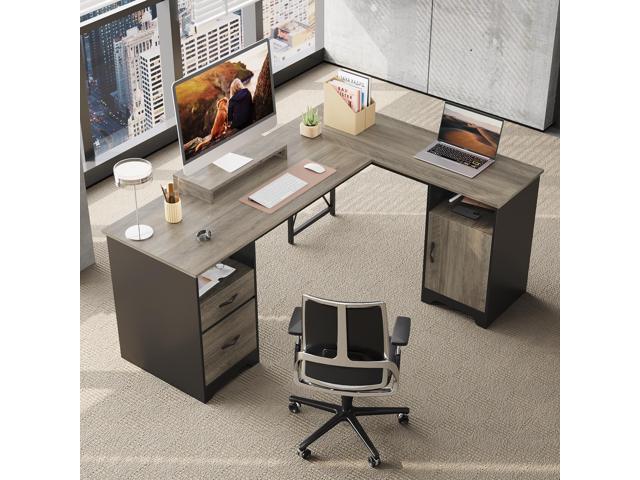 Bestier 63'' L Shaped Home Office Desk with File & Storage Drawers and Cabinet,Corner Computer Desk with Monitor Stand and Open Compartments,Gray