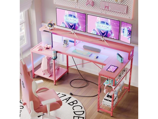 Bestier 71.5 Dual Monitor Gaming Desk with LED Lights, Power Outlets & Ergonomic Stand, L-Shaped Corner Desk for Office or Gaming Room, Pink