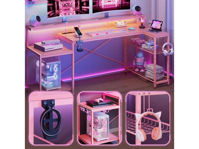 Bestier 71.5 Dual Monitor Gaming Desk with LED Lights, Power Outlets & Ergonomic Stand, L-Shaped Corner Desk for Office or Gaming Room, Pink