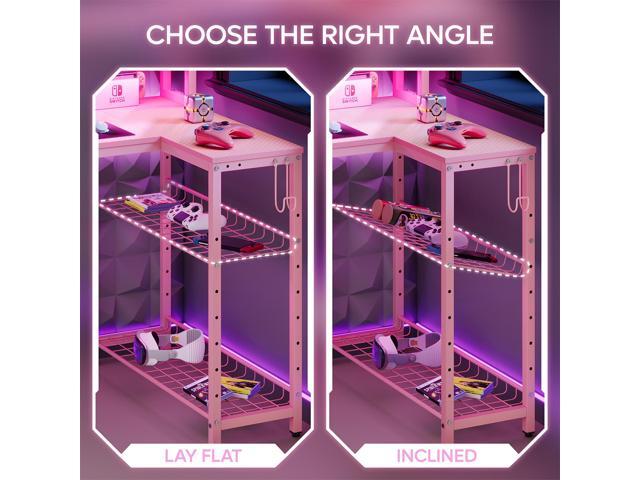 Bestier 71.5 Dual Monitor Gaming Desk with LED Lights, Power Outlets & Ergonomic Stand, L-Shaped Corner Desk for Office or Gaming Room, Pink