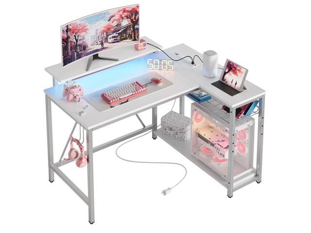 Bestier 42 L Shaped Computer Desk with LED, Corner Gaming Desk with Power Outlet,Reversible Storage Shelves and Hooks, White