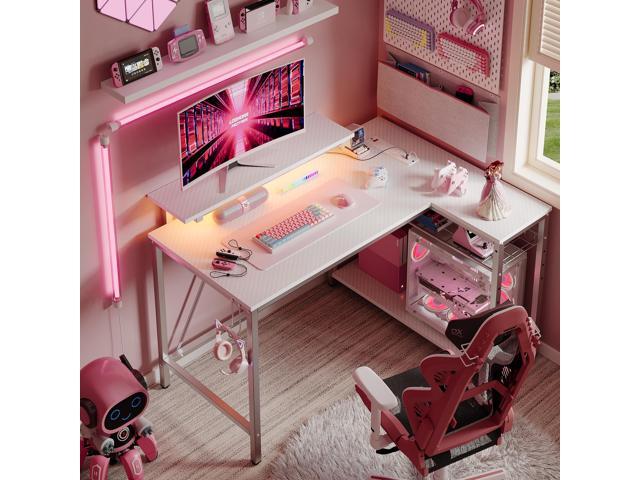 Bestier 42 L Shaped Computer Desk with LED, Corner Gaming Desk with Power Outlet,Reversible Storage Shelves and Hooks, White