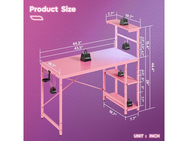 Bestier 44 in. Rectangular Black Grained Gaming Desk with RGB LED Lights Computer Desk with 4 Tier Storage Shelves and Hooks,Pink