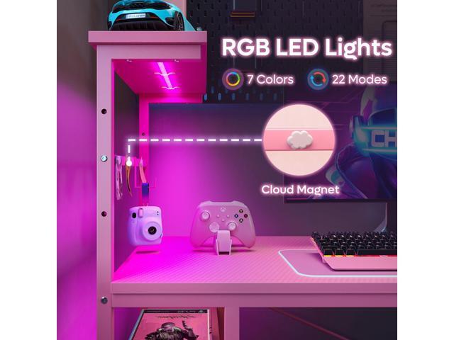 Bestier 44 in. Rectangular Black Grained Gaming Desk with RGB LED Lights Computer Desk with 4 Tier Storage Shelves and Hooks,Pink
