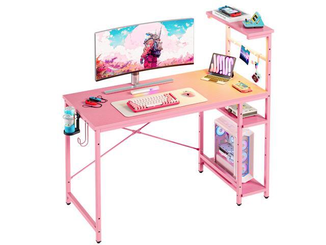 Bestier 44 in. Rectangular Black Grained Gaming Desk with RGB LED Lights Computer Desk with 4 Tier Storage Shelves and Hooks,Pink